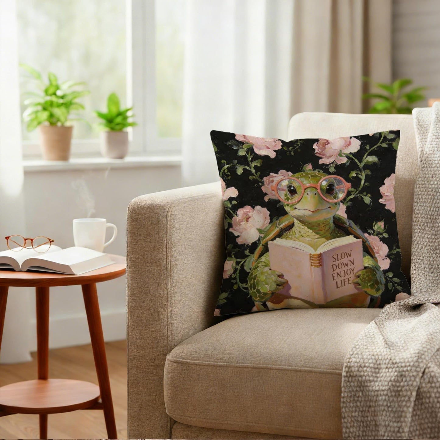 Pink Rose Inspirational Turtle Reading Pillow Cover 18x18, Gifts for Turtle Lovers, Book Lover Reader Gifts Decorative Throw Pillow Cover for Reading Nook Corner Room Library Home