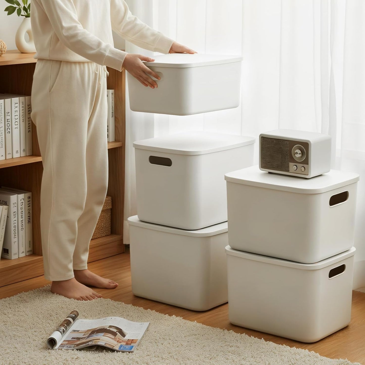 ANMINY 8PCS Plastic Storage Bins Containers with Lids, Large Storage Organization Bins Boxes, Lidded Plastic Storage Baskets for Closet Shelves Desktop, White Lids, 1XL + 1L + 2M + 4S