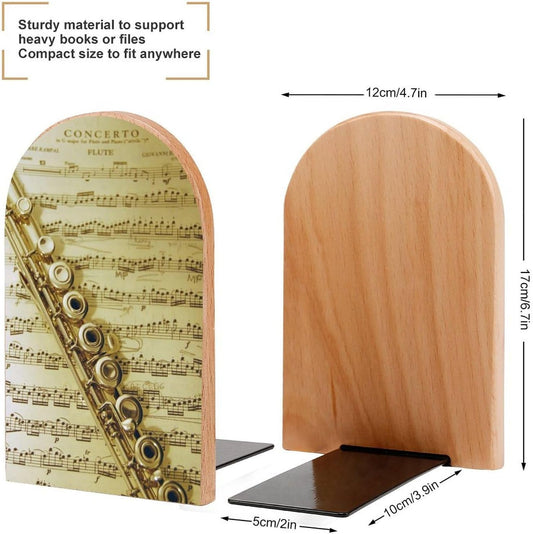 Flute Music Wooden Bookend Non-Slip Book Ends Heavy Duty Book Stopper with Metal Base Books Holderd Decorative Bookends Stands Firmly for Office Supplies