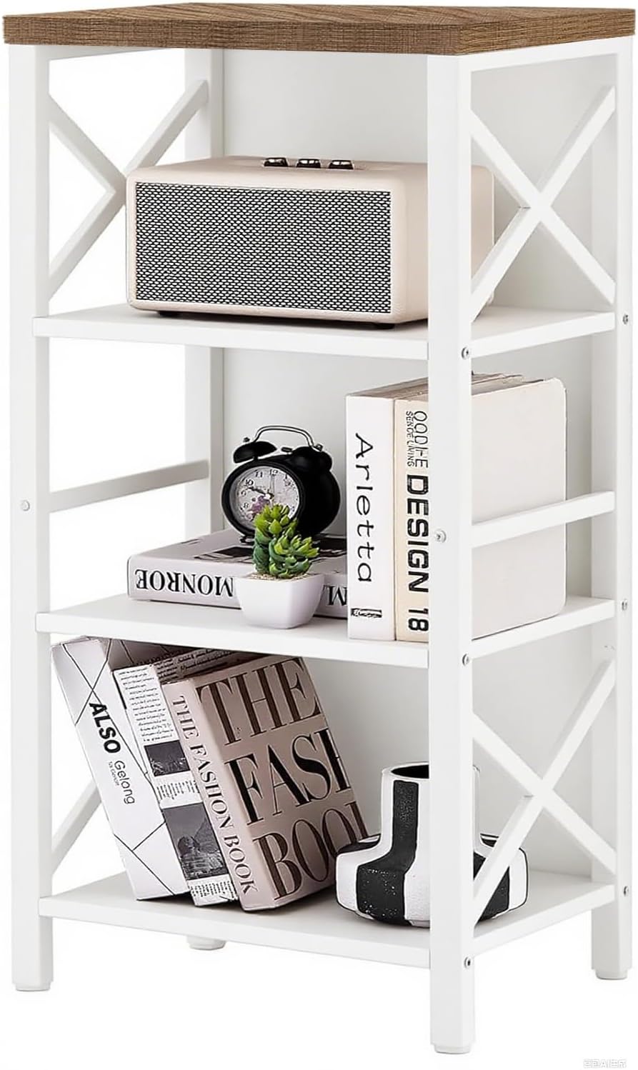 Small Bookshelf,4 Tier Industrial Bookcase with Metal Frame and Backboard,Narrow White Book Shelf,Book case for Small Spaces,Living Room,Bedroom and Home Office