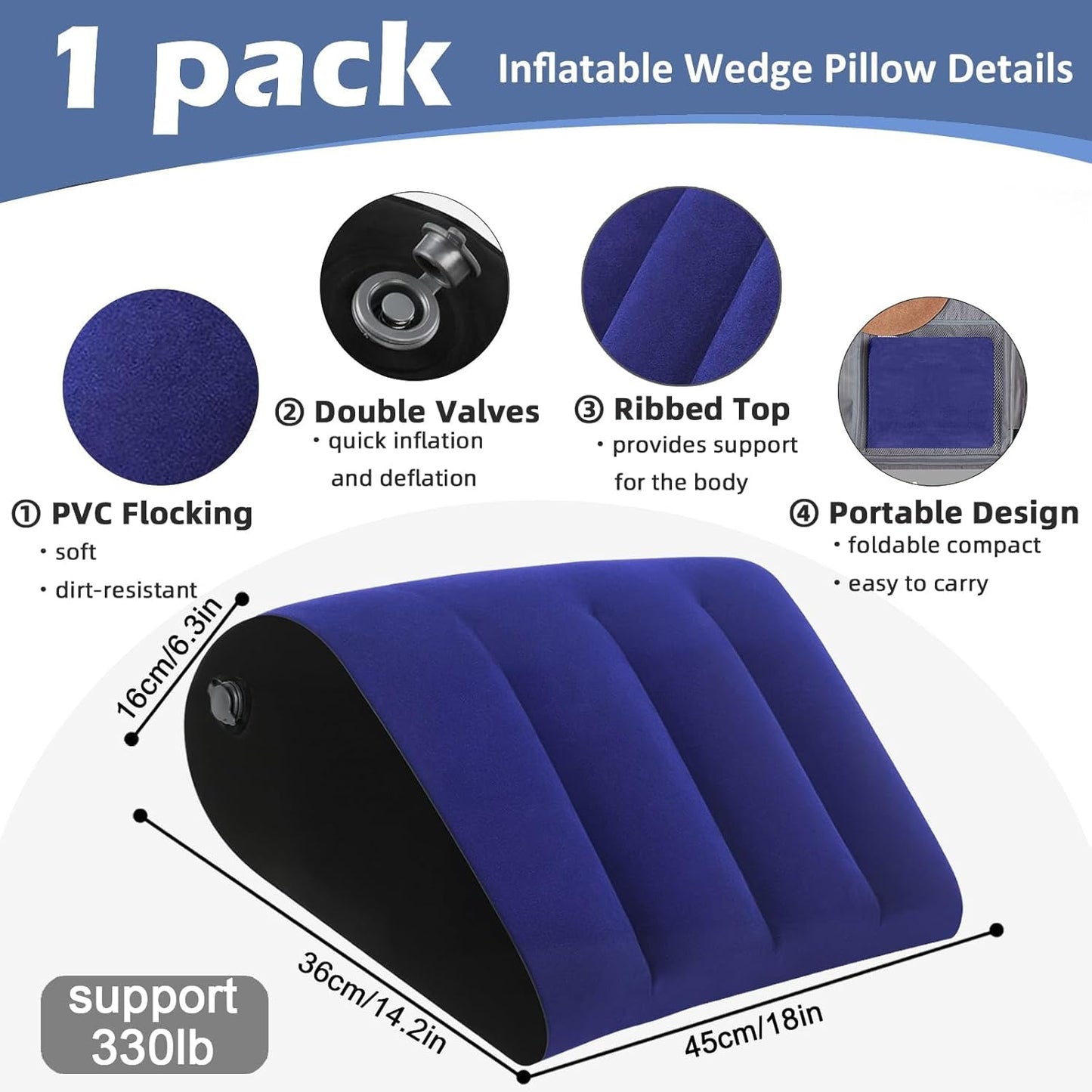 TheClover Inflatable Wedge Pillow for Traveling – Portable Bed Cushion for Relieve Acid Reflux & Back Pain, Compact Travel Cushion for Home, Airplane & Camping (Blue)