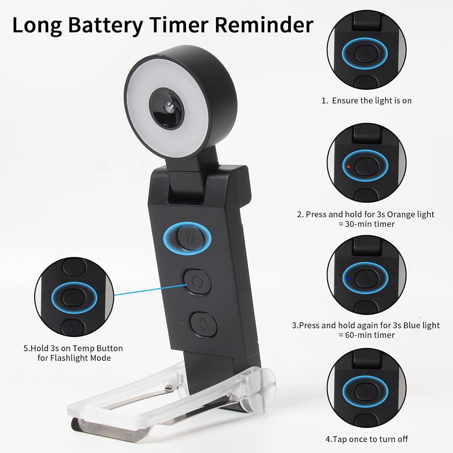Book Light,USB Rechargeable Clip-On Reading Light,30 Adjustable Modes,Eye-Caring,Flashlight with Timer, Perfect for Book Lovers/Travel(Black, Round)
