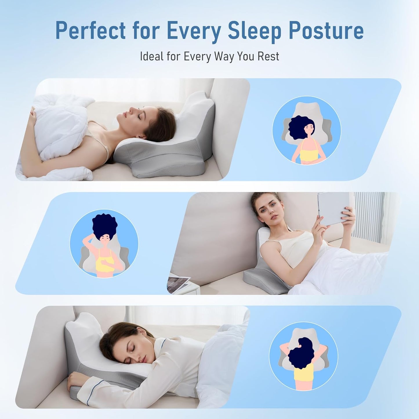 Reading Pillow for Bed,Contour Memory Foam Pillow for Sleeping, Leaning and Lying, Cervical Pillow for Neck Pain Relief, Ergonomic Neck Support Pillow for Side, Back and Stomach Sleeper