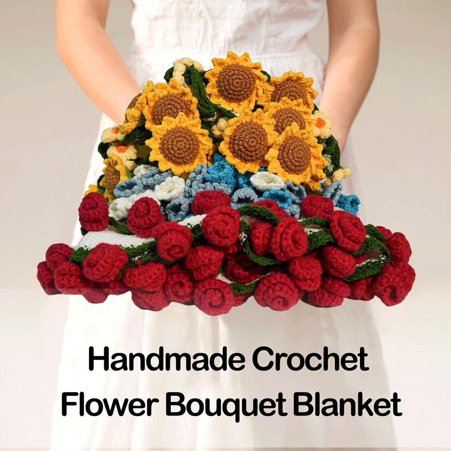 Handmade Crochet Flower Bouquet Blanket - 43.31" Soft Lightweight Round Throw, Romantic Knitted Home Decor, Great Gift for Women, Birthday, Valentine's Day, Christmas