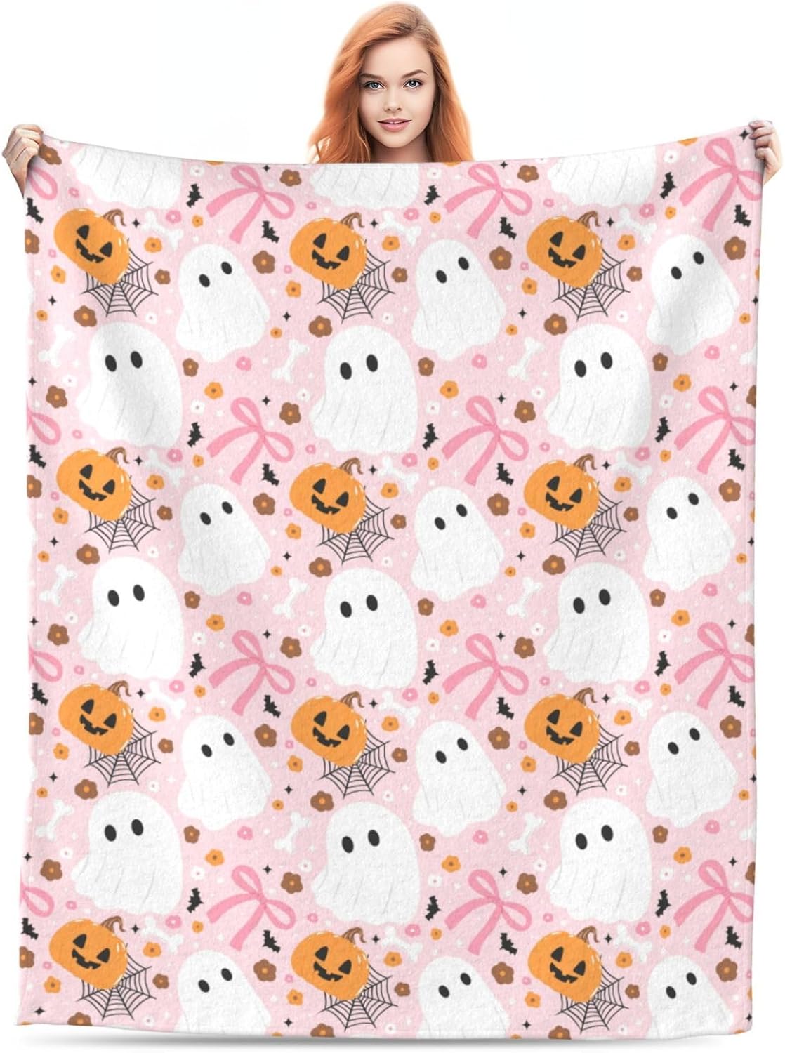 Halloween Pink Bow Ghost Throw Blanket,Halloween Flannel Blankets Throw,Soft Cozy Throw Blanket for Sofa Bed Living Room Holiday Party Decor,Throw Blankets for Women, Adults(50"x60")