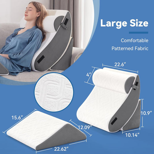 Wedge Pillow Set for After Surgery, 4 PCS Bed Wedge Pillow for Sleeping, Memory Foam Orthopedic Back Pillow for Pain Relief and Acid Reflux, Adjustable Post Surgery Pillow Grey