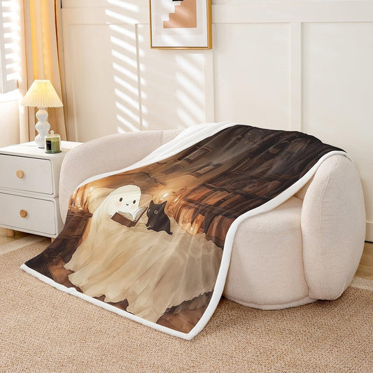 jejeloiu Halloween Funny Ghost Sherpa Blanket Plush Fuzzy Kawaii Cute Cat Fleece Throw Blanket Boys Girls Reading Book for Bed Couch Chair Living Room Bedroom Decor Queen 90"x90"