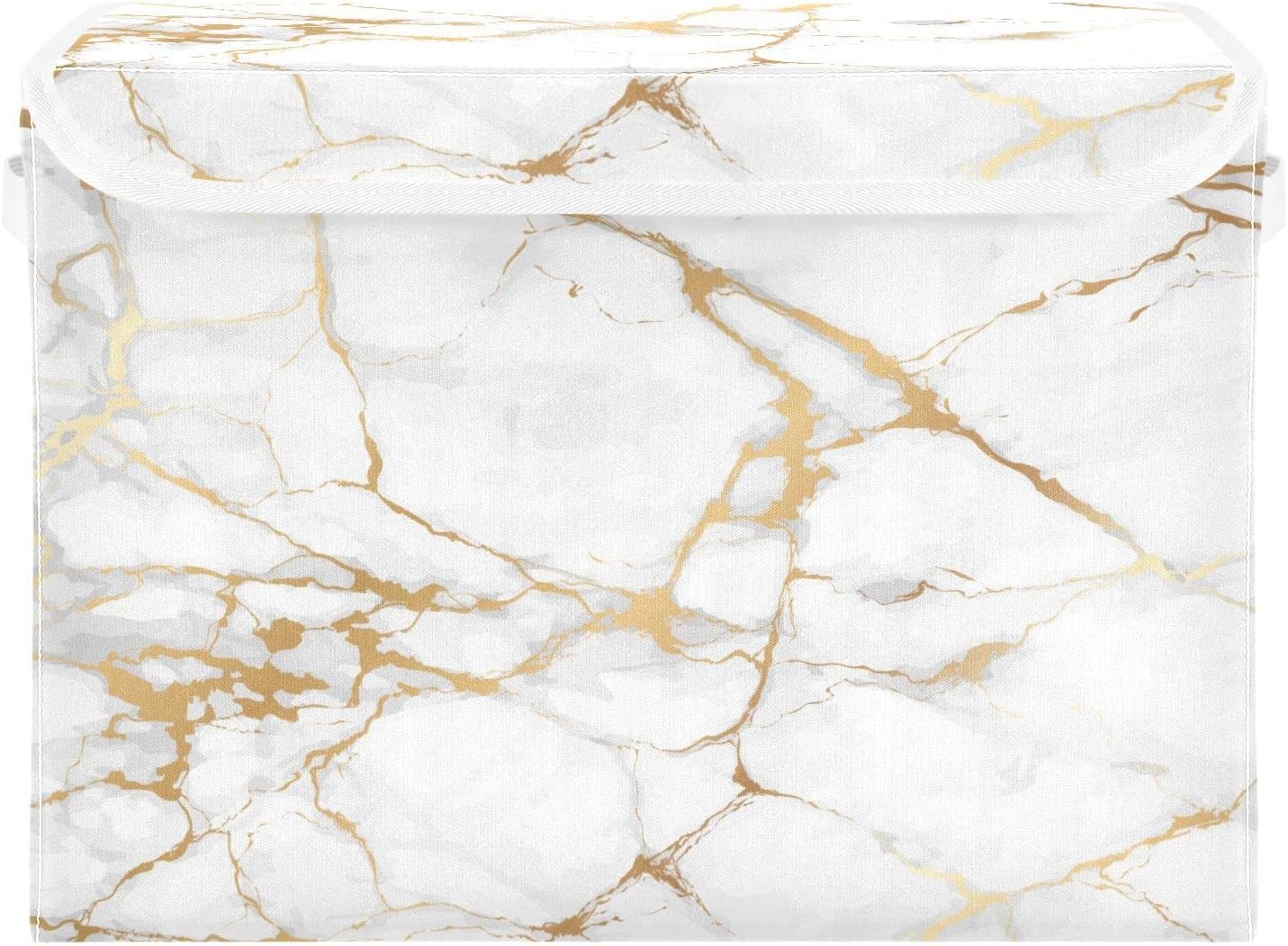 Storage Bin with Lid Gold Geometric Marble White Golden Edge Foldable Storage Box Washable Fabric Storage Cubes Bin Organizer Basket Closet for Home Bedroom Closet Nursery Office