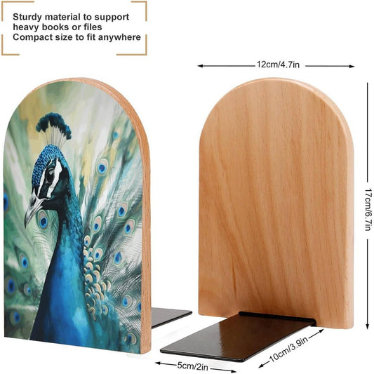 Cute Peacock Bookend for Shelves Wooden Book End Large Size Sturdy Book Holders Stoppers with Metal Base for Bookshelves Slick Decorative Bookends Stands