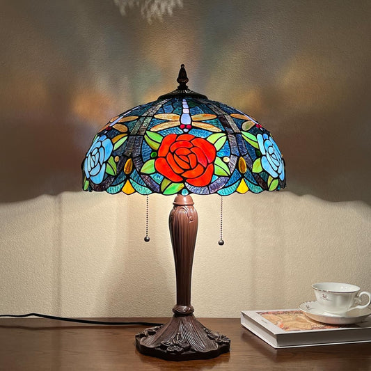 Tiffany Style Table lamp, Dragonfly & Rose Stained Glass Desk Light - Antique 16” Large Nightstand Bedside Reading Light for Living Room Bedroom Office