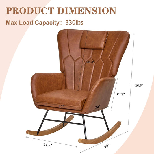 Nursery Rocking Glider Chair — PU Upholstered, Thick Headrest, High Backrest, Side Pocket, Brown
