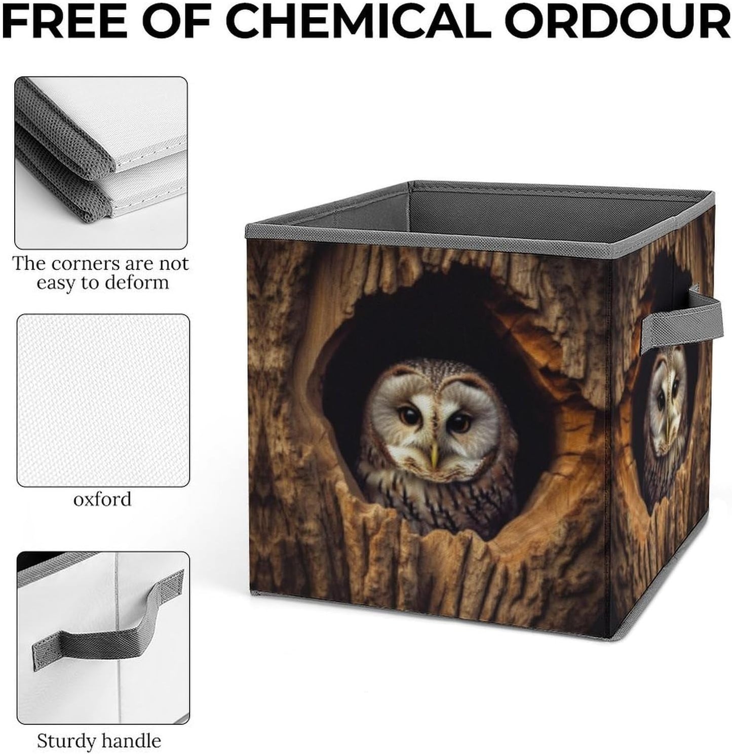 Owl Tree Hole Storage Bins with Handles Fashion Large Storage Cubes Sturdy Foldable Storage Boxes Space-Saving Storage Baskets for Home Office Clothes Closet Organizers