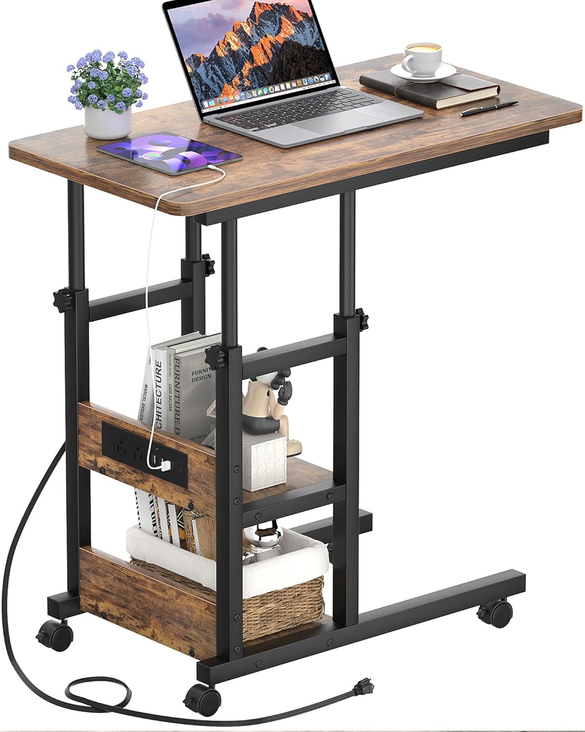 Height Adjustable End Table with Charging Station, Mobile C Shaped Laptop Side Table with Wheels, 3-Tier Sofa Couch Table with Storage Shelve for Living Room Bedroom, Rustic Brown