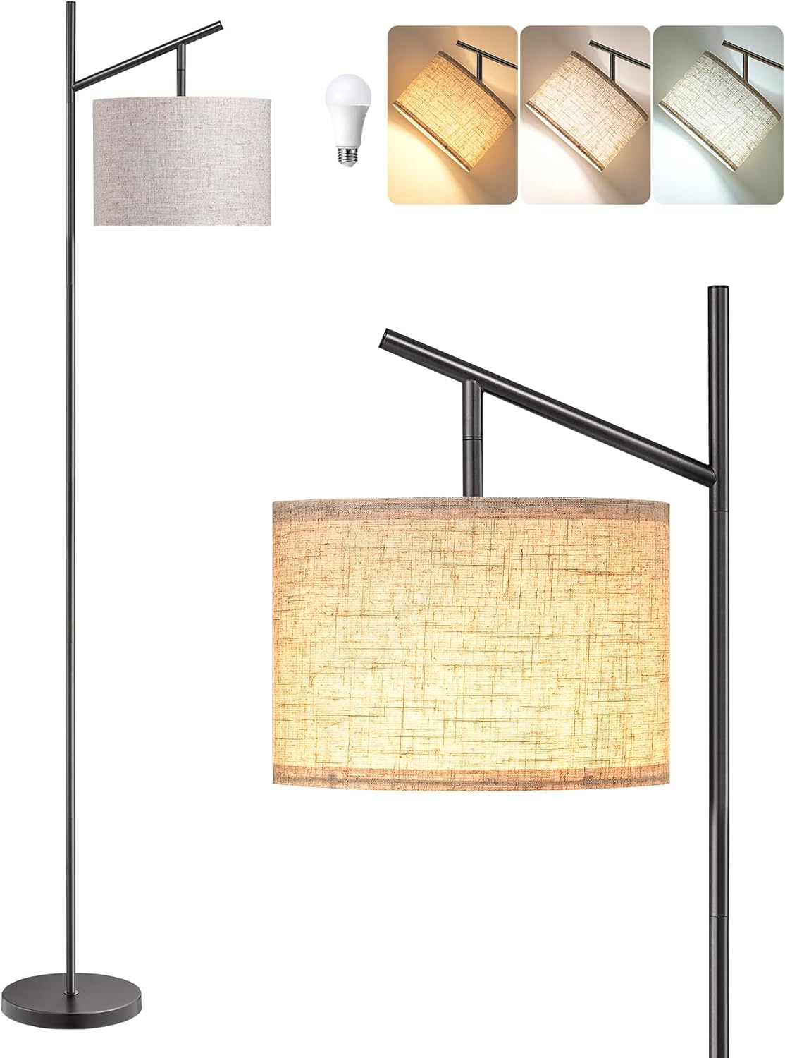 EDISHINE Modern Floor Lamps for Living Room, 64.7" Minimalist Standing Lamp with 3 Color Temperatures Bulb & Adjustable Linen Shade, Foot Pedal Switch, Arc Tall Lamp for Bedroom Office, Black