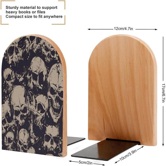 Many Skulls Get Together Wooden Bookend Non-Slip Book Ends Heavy Duty Book Stopper with Metal Base Books Holderd Decorative Bookends Stands Firmly for Office Supplies