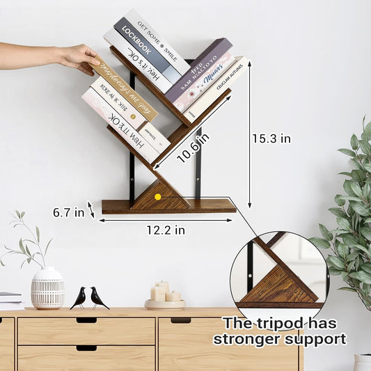 3-Tier Tree Book Shelves for Wall, Small Wall Mounted Shelves, Unique Hanging Bookshelf Storage Rack, Floating Bookshelves Organizer for Living Room, Office, Rustic Brown & Black