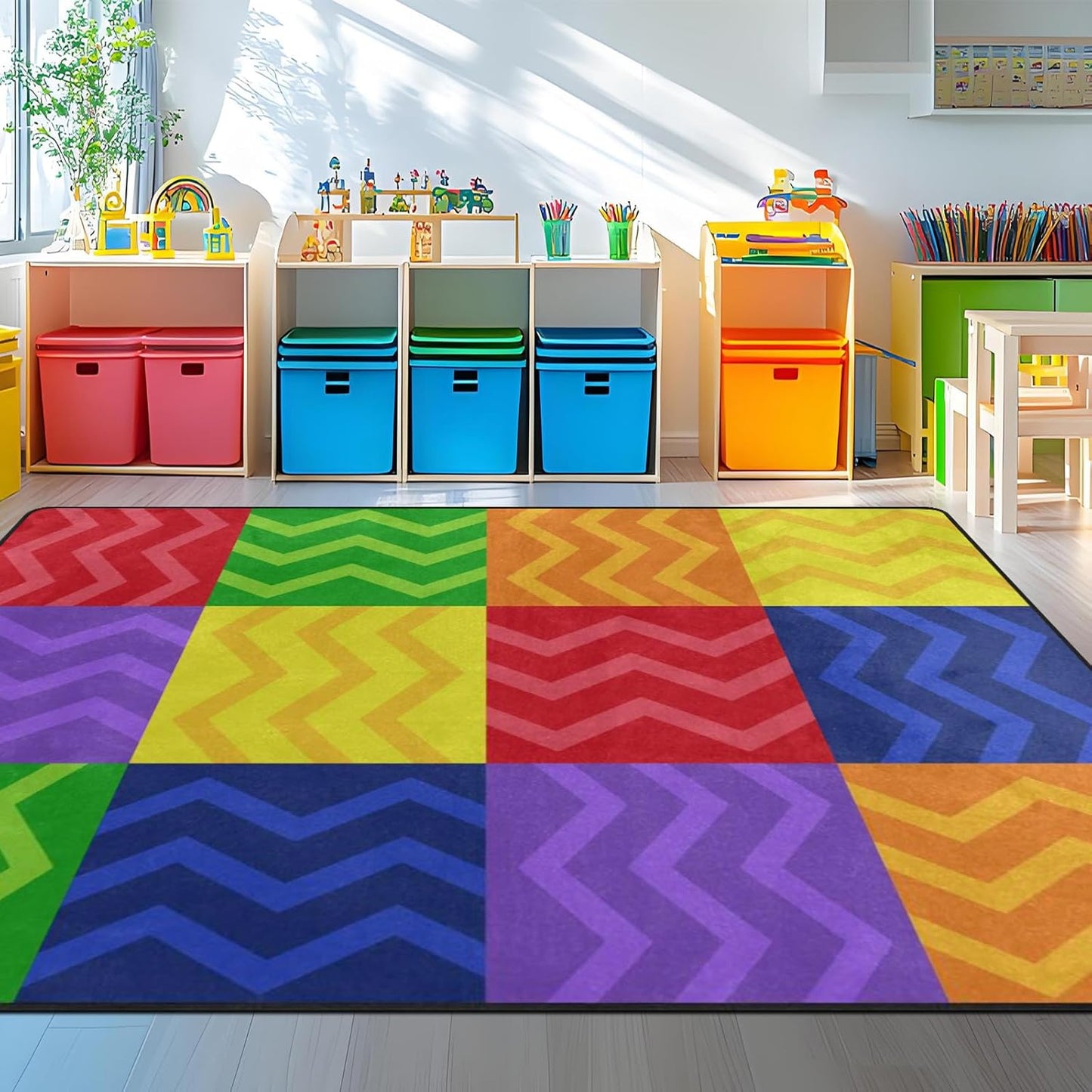 Kids Playmat Rug, Soft Classroom Seating Area Rugs - 5x7 Ft Nursery Carpet with Rubber Backing, Colorful Checkered Rug Suitable for Preschool, Artroom, Library and Reading Area, Multicolor