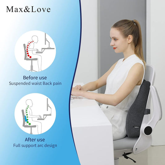 Max&Love Lumbar Support Pillow Cover Ergonomic Design Orthopedic Backrest for Back Pain Relief Memory Foam Back Support for Office Chair Computer Chair Car Seat Recliner and Couch (Dark Gray)