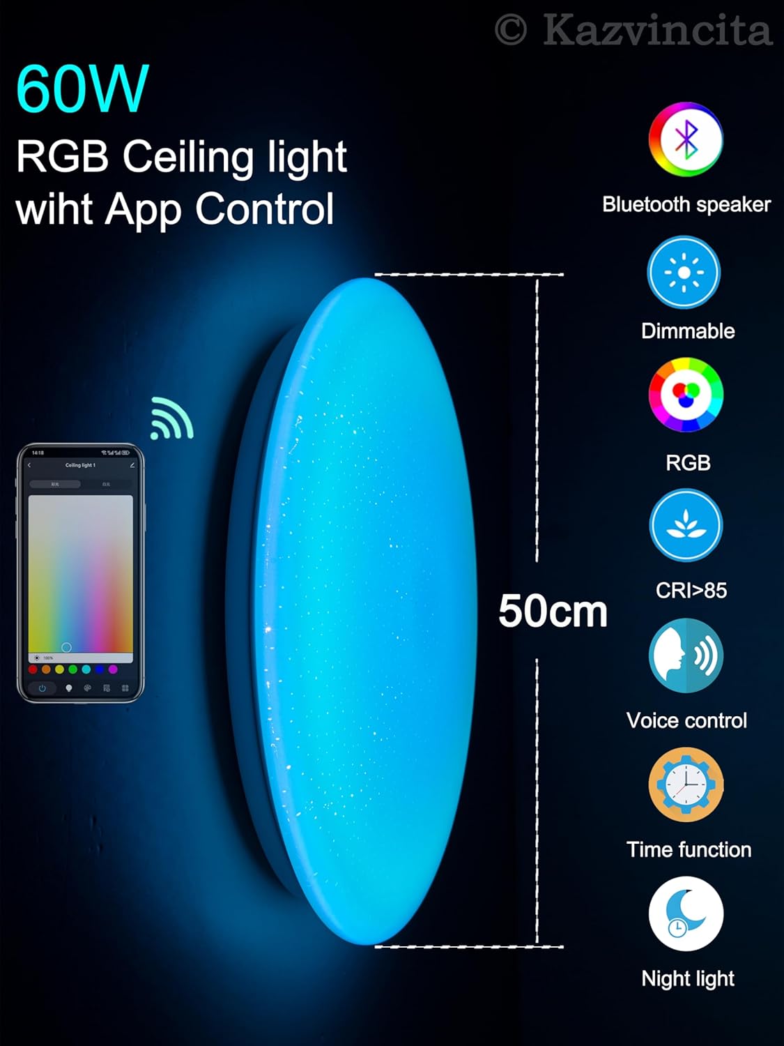 WF-Version LED Ceiling Light with Speaker 60W 20Inch Control via app/Voice/Remote Adjustable Brightness & Color Temperature Ceiling Lamp RGB Ambient Lighting for Bedroom Kids Room and More
