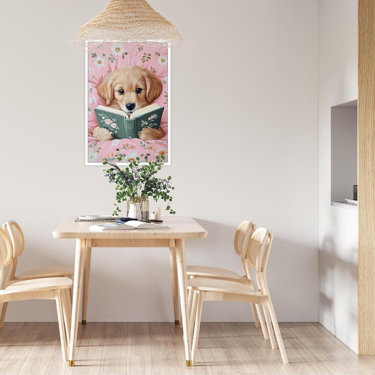 Cute Dog Reading In Bed Canvas Wall Art Trendy Funny Animal Poster Funky Minimalist Pink Room Flower Pet Aesthetic Prints Painting For Home Bedroom Kids Room Dorm Wall Decor 8x12in Unframed