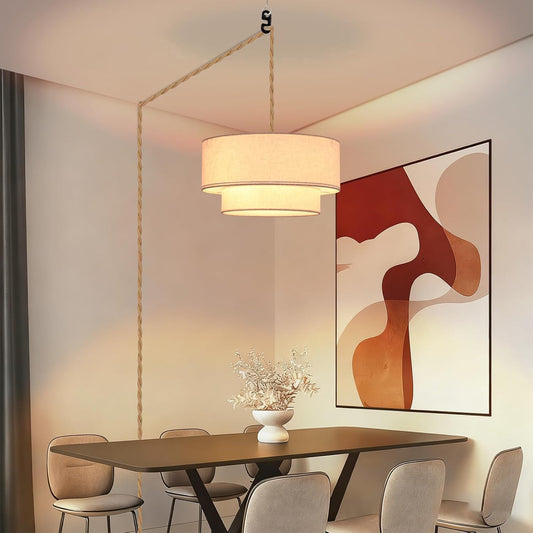 Plug in Pendant Light, 2-Tier Drum Linen Pendant Lights with 15.7FT Handmade Woven Light Cord,17.7" Plug in Chandelier for Dining Room Kitchen Island and Bedroom