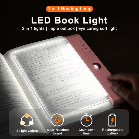 LED Book Light and Night Light 2 in 1, USB Rechargeable Clear Flat Book Light with 3 Colors & Timer, Dimmable Book Lights for Reading at Night, Scratch-Resistant, Eye-Care (Pink)