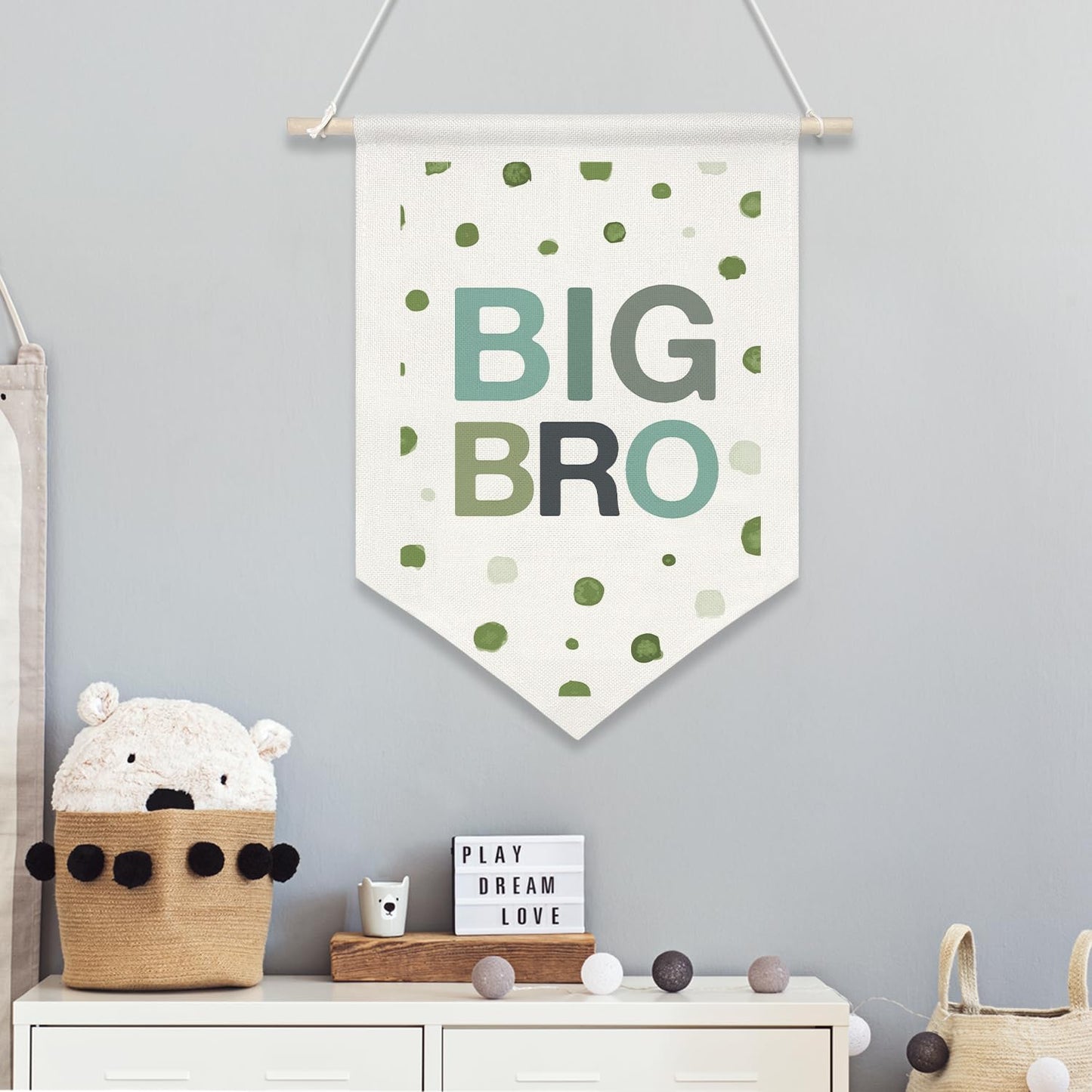 BIG BRO Wall Hanging Banner,Green Polka Dot Canvas Sign for Big Brother Room Decor, Sibling Announcement Gift, Nursery Playroom Wall Art Poster, Baby Shower Decor(KD17)