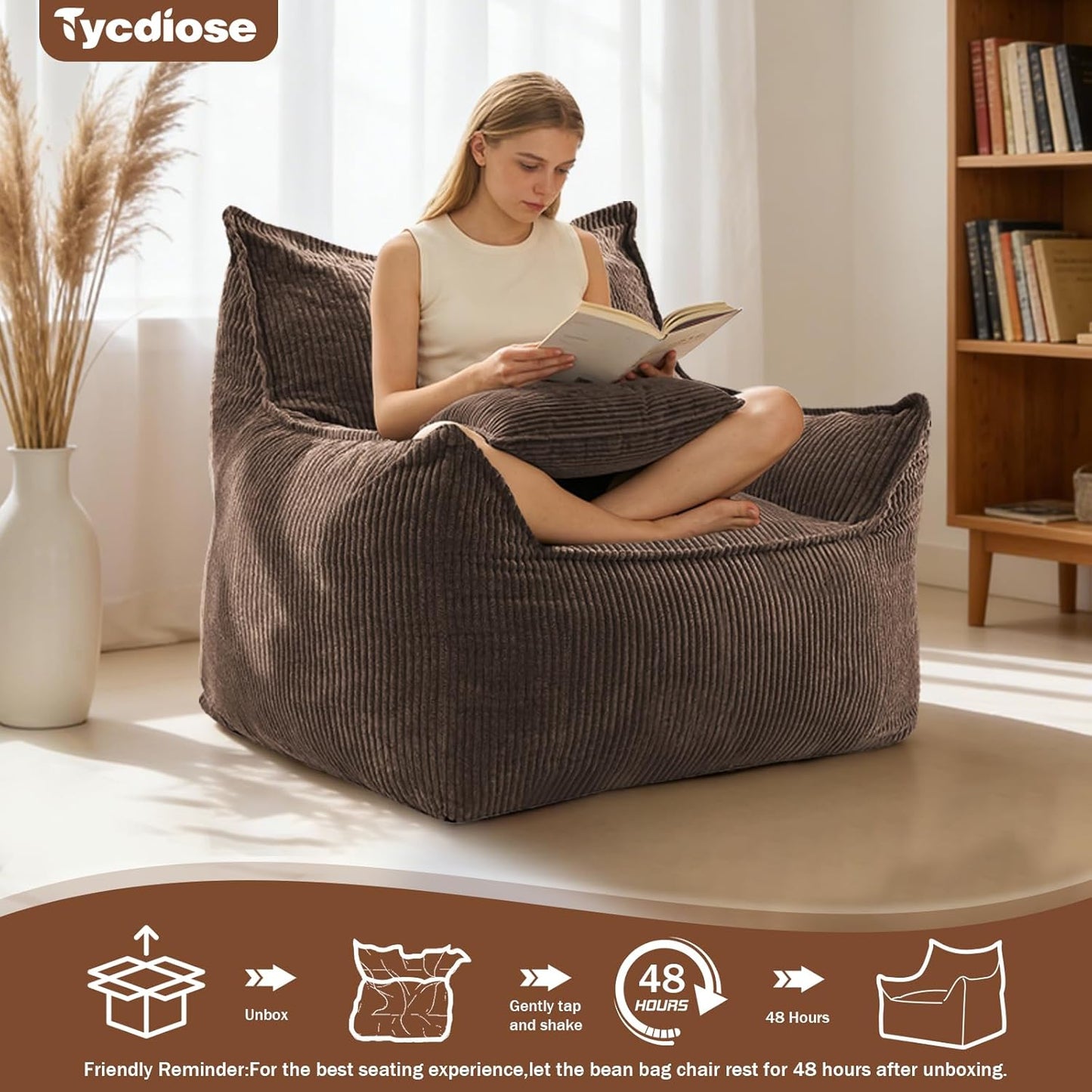 Oversized Bean Bag Chairs with Memory Crushed Sponge Filler for Adults Teens, Comfy Corduroy Large Bean Bag Couch Armchair for Reading Bedroom Living Room, Giant Reading BeanBag Chair, Brown