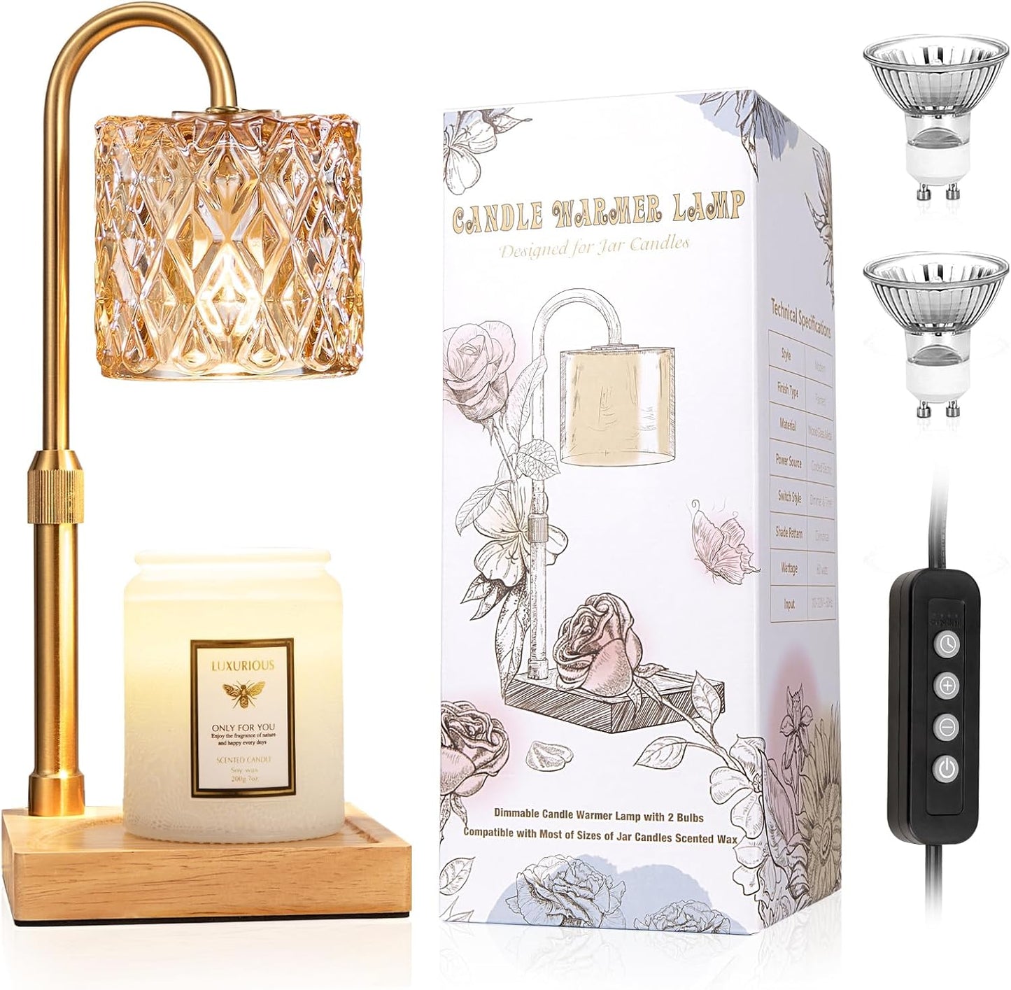 Hong-in Candle Warmer Lamp with Timer -Dimmable Adjustable Height,House Warming Gifts New Home,Vintage Home Decor with Elegant Amber Glass,Birthday Gifts for Women, Mom, Friend and Sister