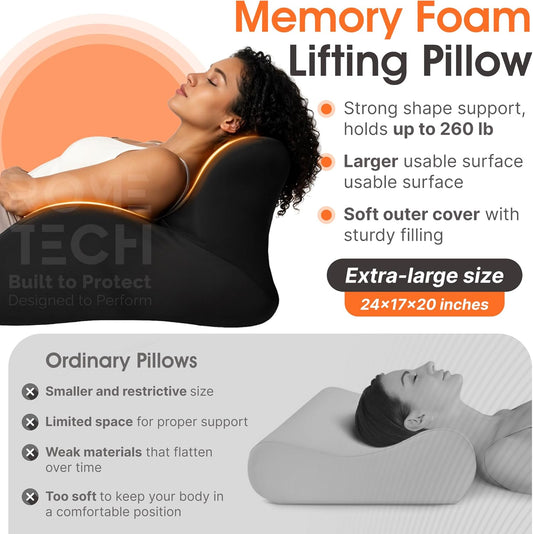 Rome Tech Memory Foam Ergonomic Wedge Pillow – Prone Support Orthopedic Pillow for Sleeping, Reading & Back Relief with Removable Cover- Extra-Large Size Body Pillow - 24 * 17 * 20 inch - Black