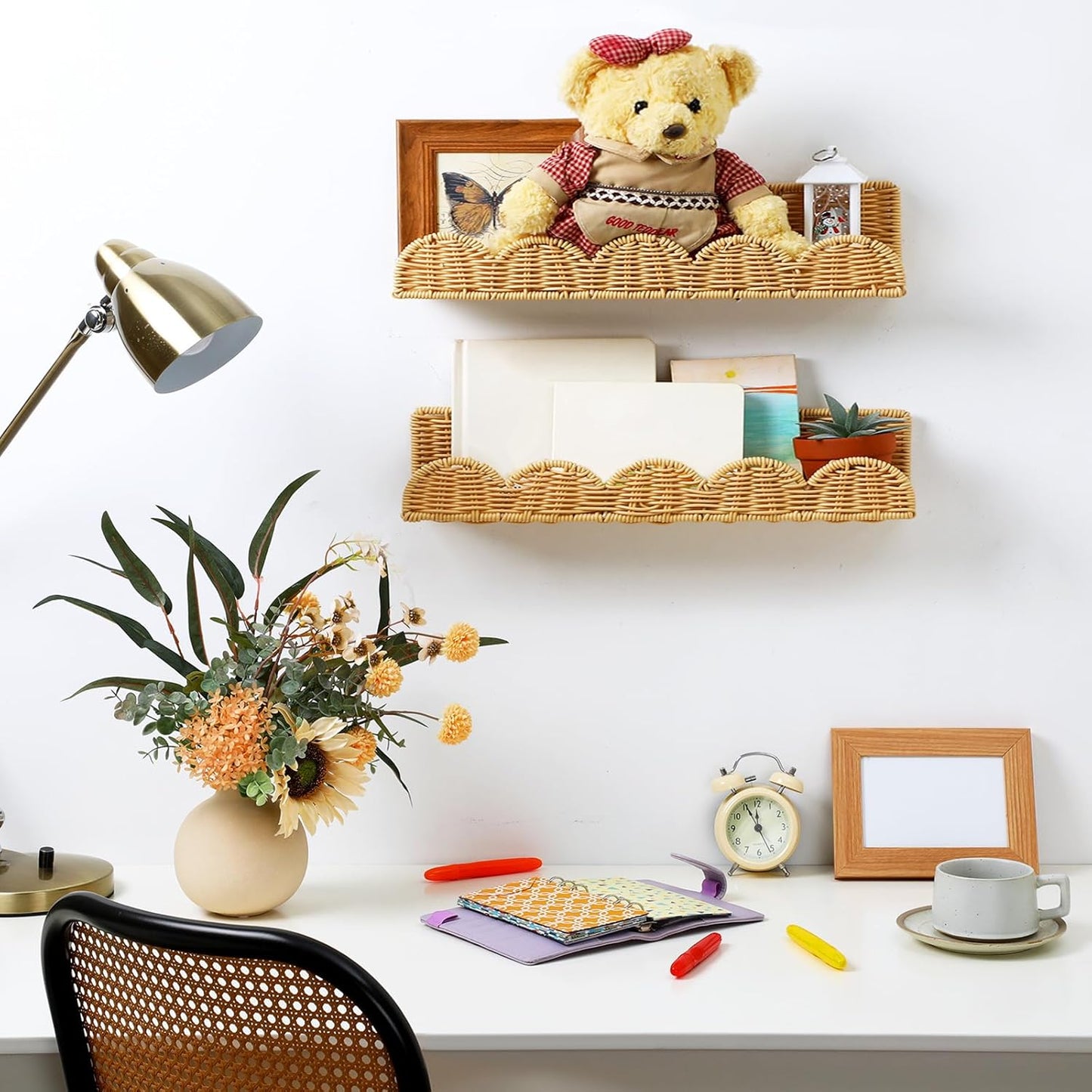 Pinkunn 4 Pcs Nursery Book Shelves 15.8 Inch Rattan Scalloped Floating Bookshelves Wicker Boho Book Shelf for Wall Mounted Decor Nursery Rooms Hanging (Classic)