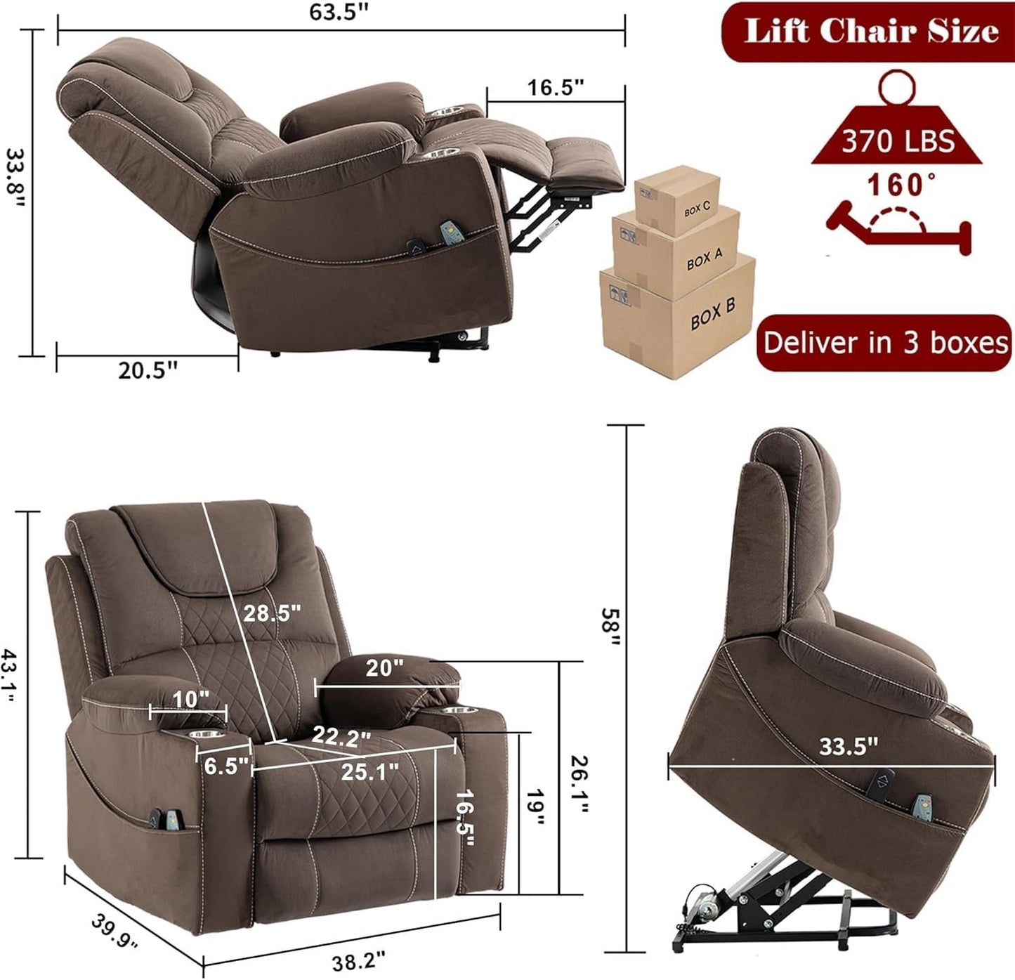 Velvet Home Theater Seat for Big and Tall Elderly Large Power Lift Recliner Chair Sofa Infinite Positions with Massage and Heat Single Motor Cup Holders and USB Ports