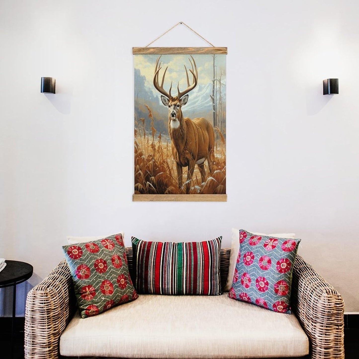 Vintage Buck Deer Poster with Wooden Frame Personalized Linen Hanging Scroll Painting Rustic Wall Hanging Illustrative Modern Artwork Decor for Home Living Room Bedroom Office
