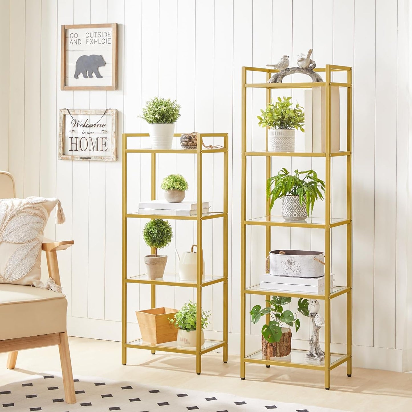 HOOBRO 5-Tier Gold Shelf, Narrow Book Shelf, Display Cabinet with Glass Bookcase, Corner Shelf Storage for Small Spaces, for Home Office, Living Room, Bedroom, Gold GD45SJ01