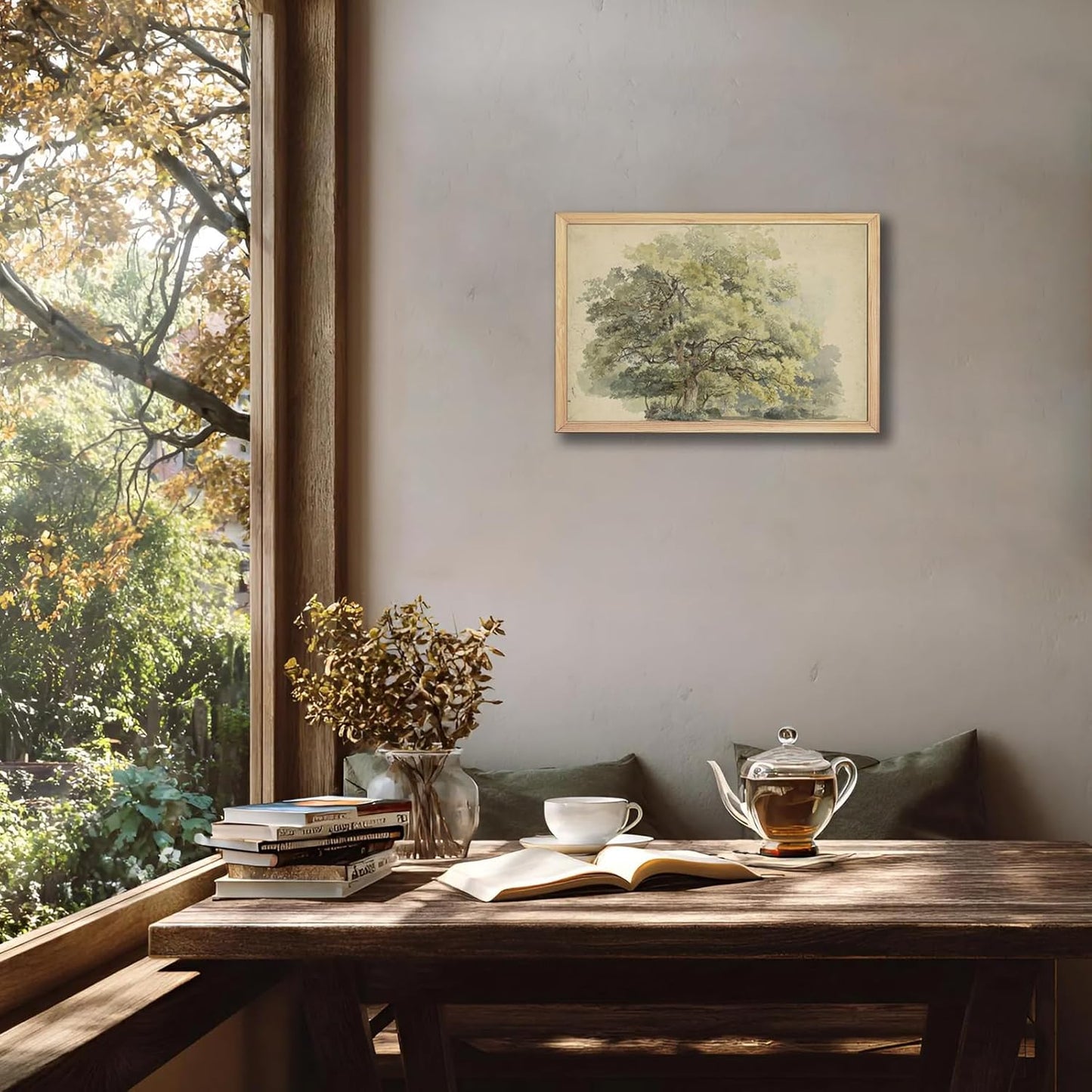 Watercolor Oak Tree Wall Art 16x24Inchs - Green Nature Landscape Painting Print with Light Wood Frame, Rustic Farmhouse Home Decor for Living Room Bedroom Office, Framed Canvas Picture Poster