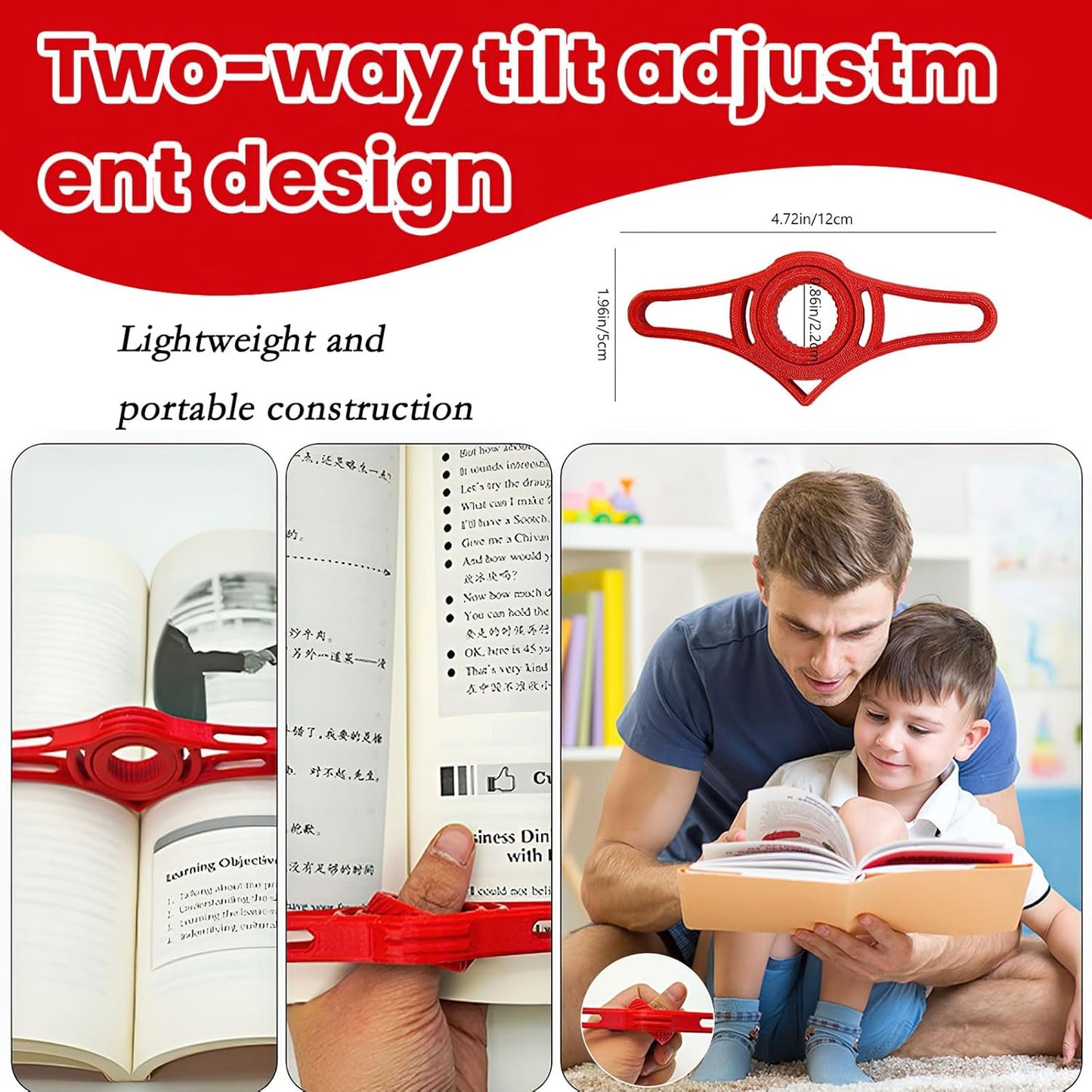 2 Pcs Thumb Page Book Holder for Reading, Rotating Ergonomic Design Reader Book Holder Ring, Adjustable Dual-Angle Tilting Page Device, Bookmark Accessories for Reading Lover (Red)
