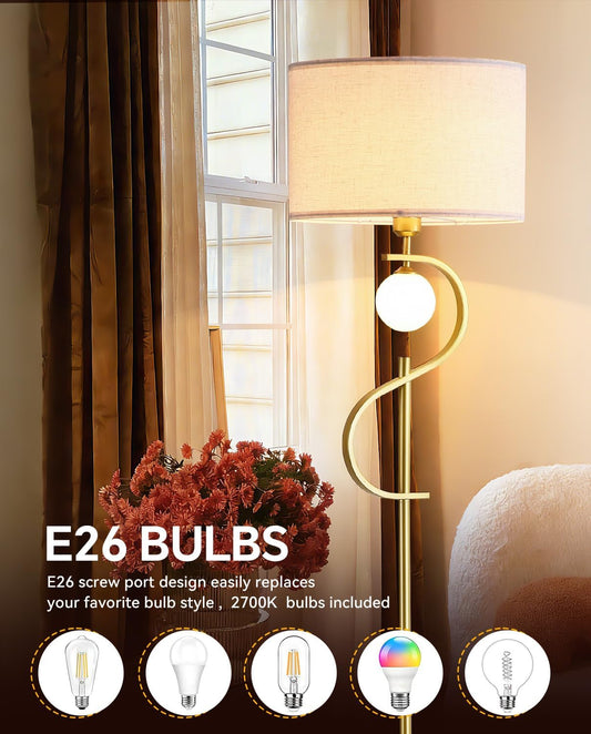 63" Vintage Gold Floor Lamp with Spherical Light, Mid-Century Modern Linen Shade Standing Lamp for for Living Room Reading House Bedroom Home (LED Bulb Included)