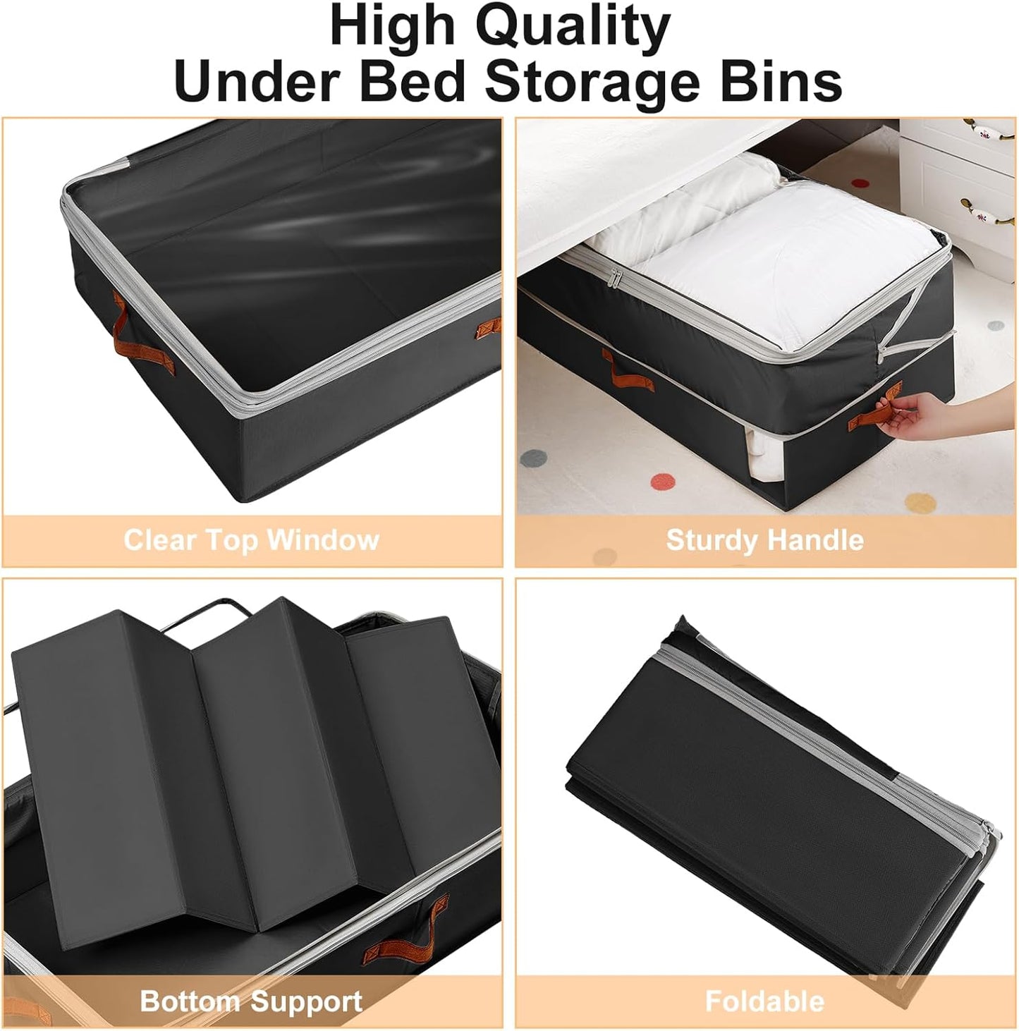 Under Bed Storage Bins - 98L Height-adjustable Under Bed Storage Containers, Compression Blanket Storage Comforter Storage Sweater Storage, Clothes Storage Bins With Clear Window, 2 Pack Black
