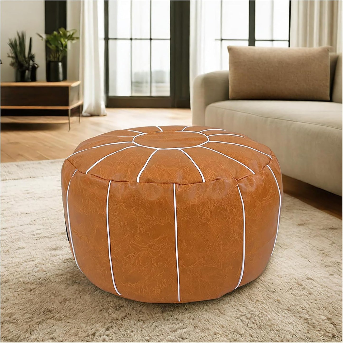 Louis Donné Pouf Ottoman Cover, Handmade Faux PU Leather Moroccan Style, Unstuffed Pouffe Ottomans,20.8" Round Foot Rest for Living Room,Floor Small Bean Bag Chair Gifts for Kids ONLY Cover(Orange)
