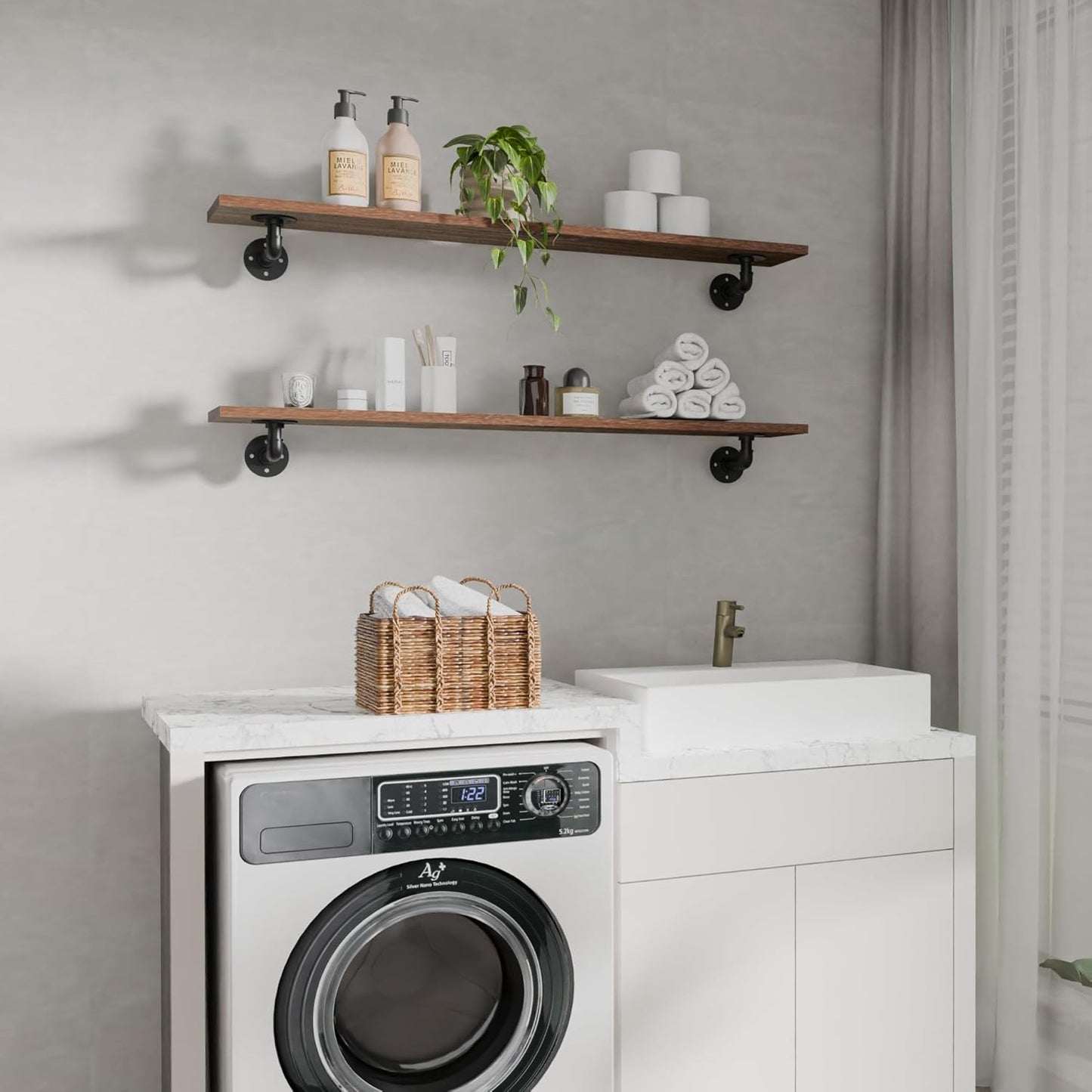 IEO Industrial Pipe Shelving Shelf,Pipe Wall Shelves Wood Shelf:Kitchen Shelves, 48 Inches Wood Long Floating Shelves for Wall Farmhouse Pipe Book Shelves Walnut for Decor and Bar Shelving