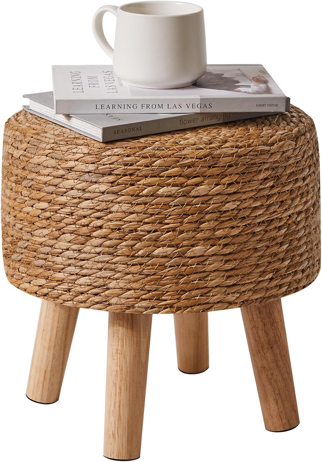 YMYNY Foot Stool Natural Seagrass Hand Weave, 12.6" Small Ottoman, Round Footrest for Living Room, Bedroom, Entryway, Change Shoes Stool, Non-Skid Wood Legs, Boho, Natural, UHBD027N