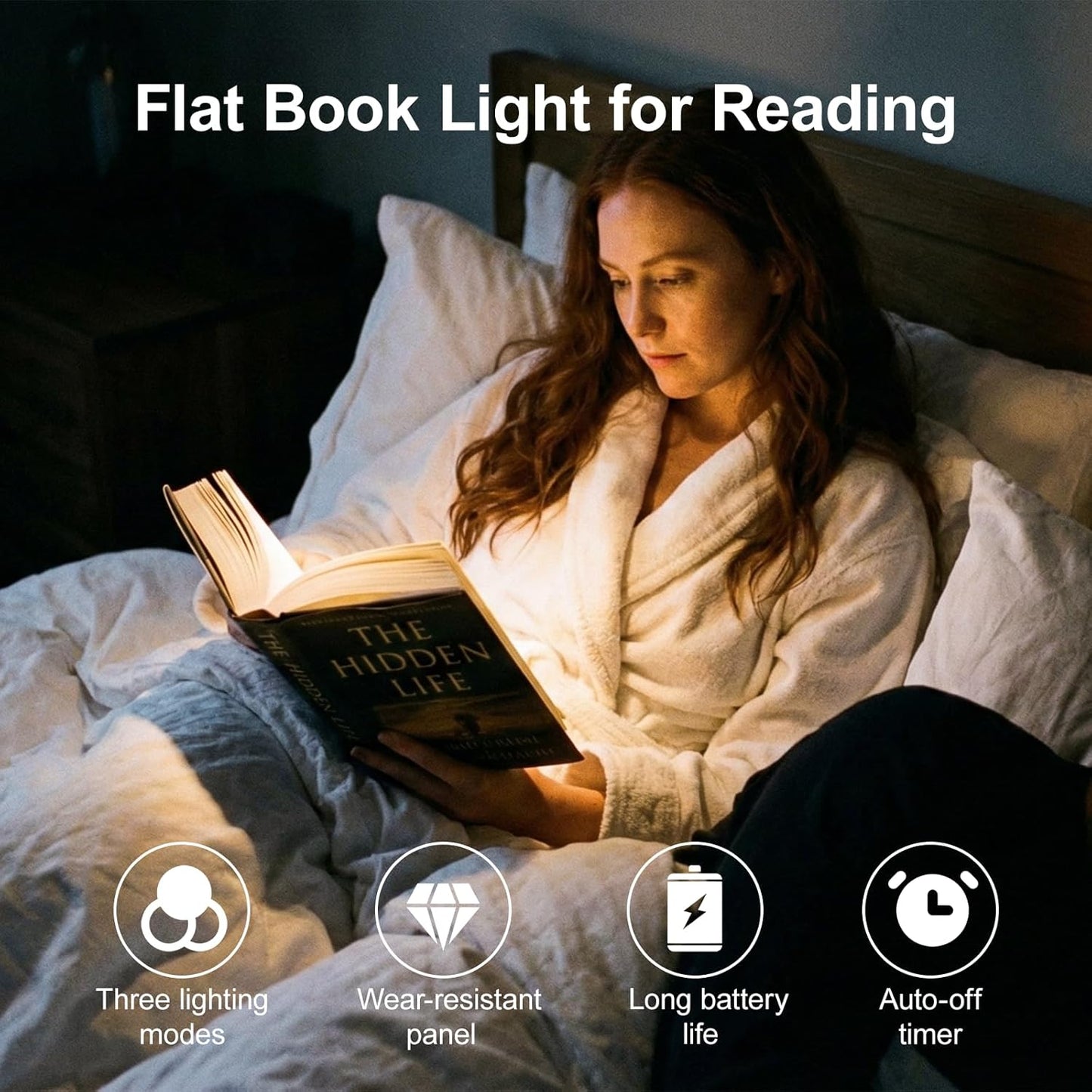 QCQHDU Smart Led Reading Light, Book Lights for Reading at Night, Rechargeable Clear Flat Reading Lights with 3 Colors & Timer, Eye-Friendly Glow, Transparent Doodleable (White)