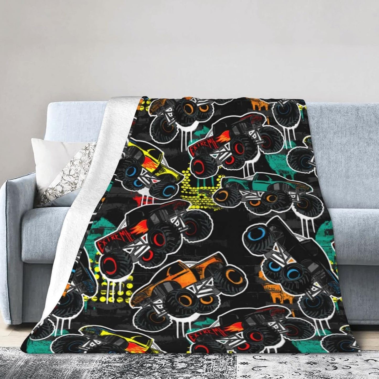 Perinsto Monster Trucks Cars Throw Blanket Ultra Soft Warm All Season Decorative Fleece Blankets for Bed Chair Car Sofa Couch Bedroom 60"X50"