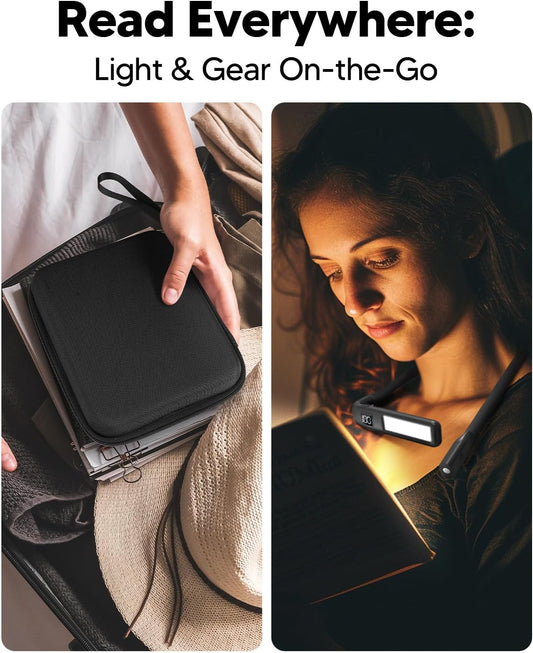 Book Light with EVA Case: Rechargeable Eye Caring 3 Color Dimmable Neck Reading Light, Bendable Neck Lamp with Power Display, Reading Lamp Knitting Crochet Accessories Neck Lights for Crafts