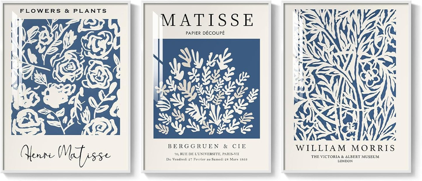 Framed Blue Matisse Wall Art for Room Decor, 3 Piece Botanical Artwork for Walls, Vintage Blue and White Plant Canvas Print, William Morris Painting Picture for Bedroom Living Room Hallway, 12x16 Inch