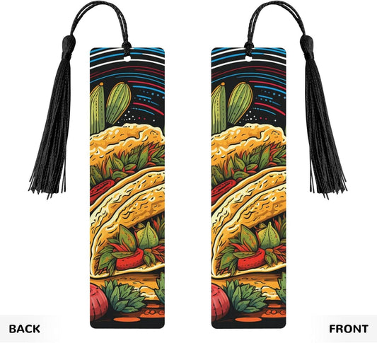 Tacos Bookmarks Gifts for Women Men, Wooden Bookmarks for Book Lovers, Vintage Book Marks Ornaments with Tassel, Unique Personalized Reading Page Markers Black