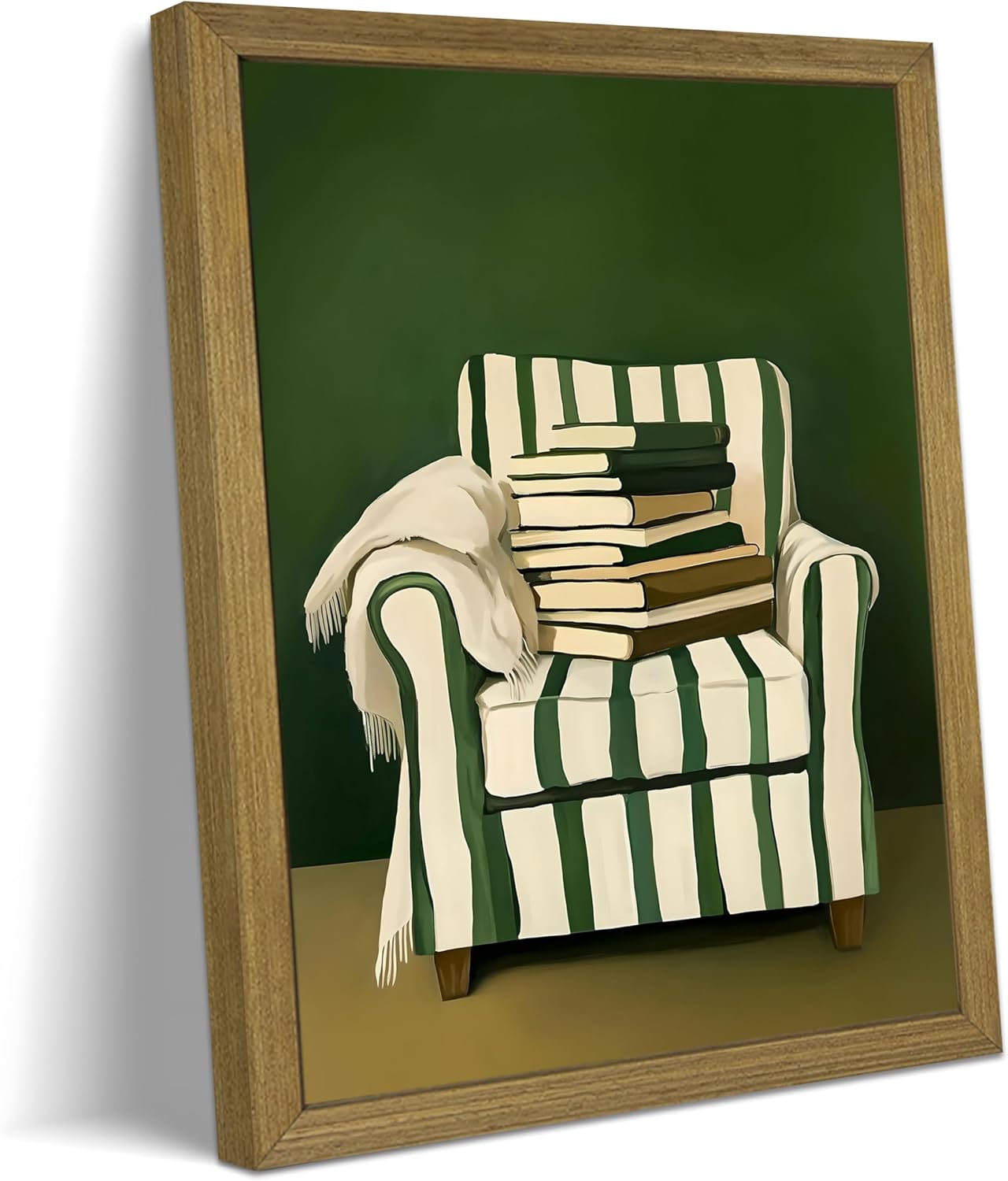 Reading Chair with Books Framed Canvas Wall Art, Cozy Library Armchair Painting Print, Vintage Reading Nook Wall Decor, Book Lover Aesthetic Artwork for Living Room Bedroom Home Office Decor Wooden Frame 8x10 Inch