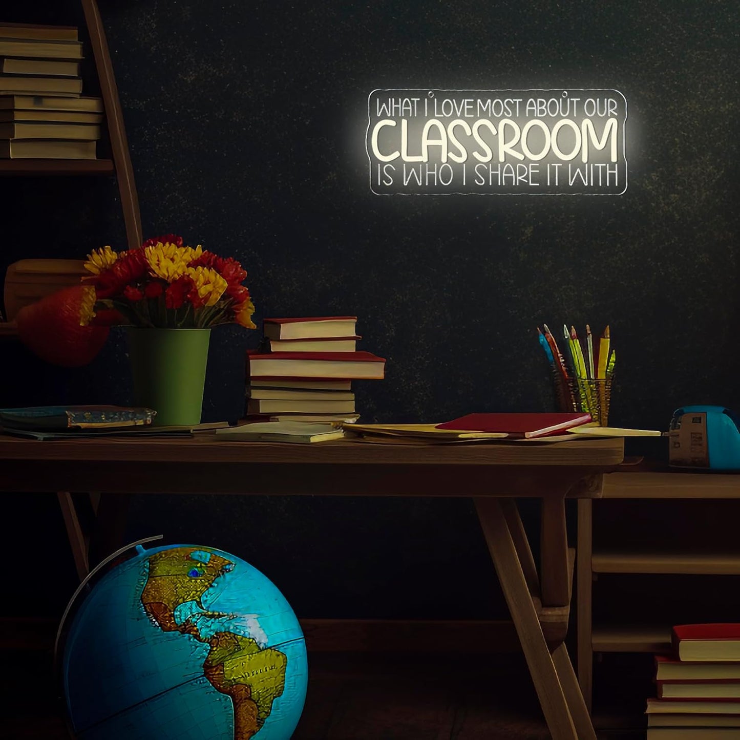 LED Neon Sign for Classroom Wall Decor, What I Love Most About This Classroom, Dimmable Uplifting Light Up Classroom Letter LED Light Up Sign for Reading Corner Welcome Sign(15.7 * 6.3in)