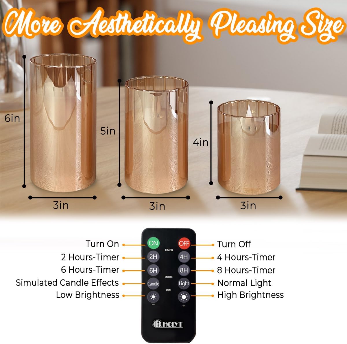 Rechargeable Flameless Candle, Flashing LED Pillar Real Wax Candle with Remote Control and Timer, Gold Stripes Glass Electronic Candles for Room Decoration, 1 Set of 3