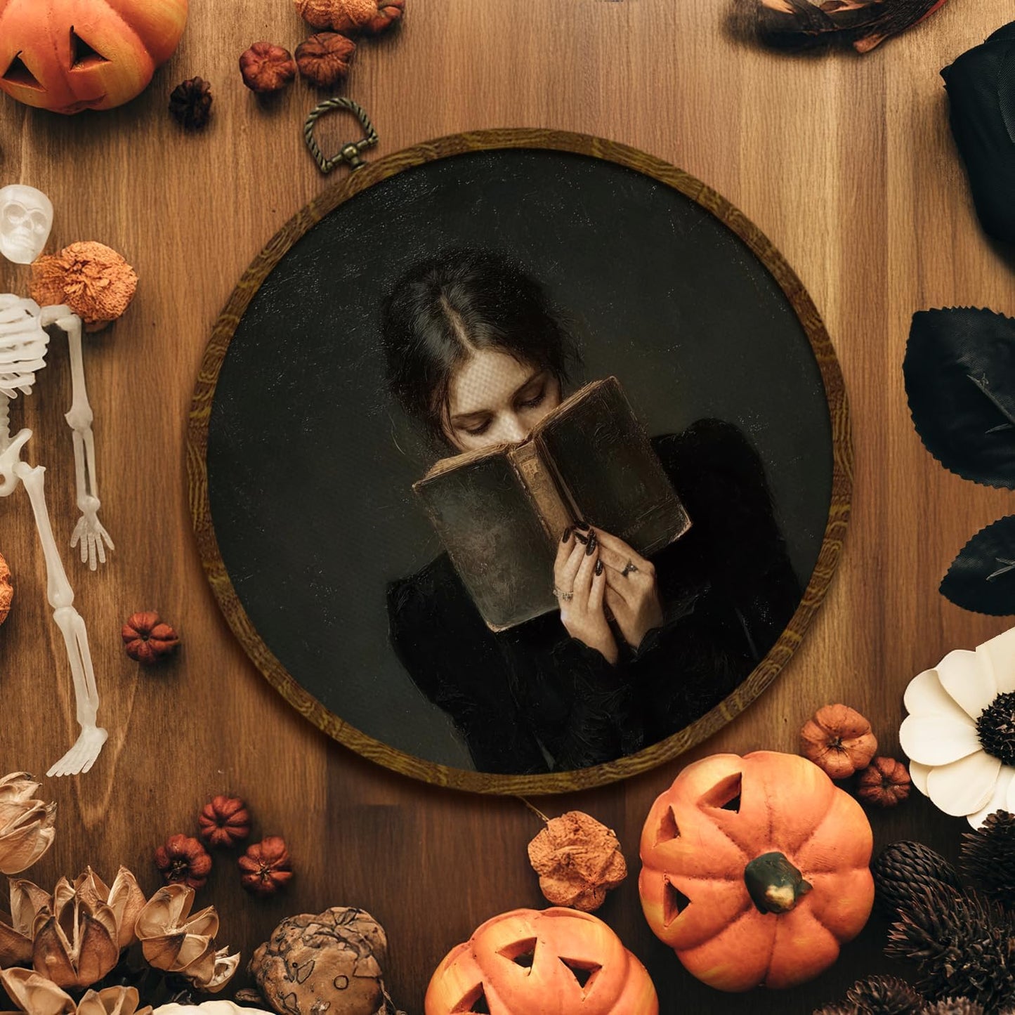 KLYTINK Vintage Girl Reading Round Wall Art - Dark Academia Book Lover Canvas Print in Round Frame, Antique Moody Aesthetic Wall Hanging Decor for Study Living Room Library, 10x10 Inch (Dark-Reading)